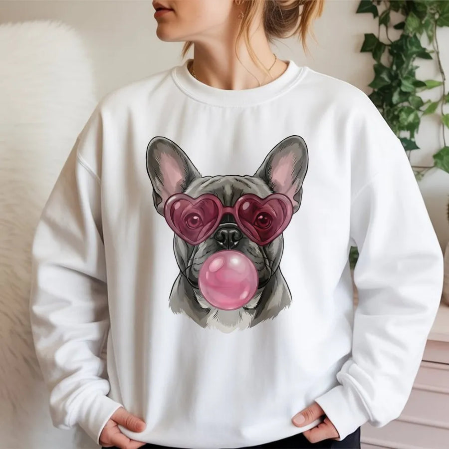 French Bulldog Sweatshirt | Heart Sunglasses Bubble Gum Frenchie Art | Premium Cotton Blend Crewneck | Cute Dog Mom Gift for Her