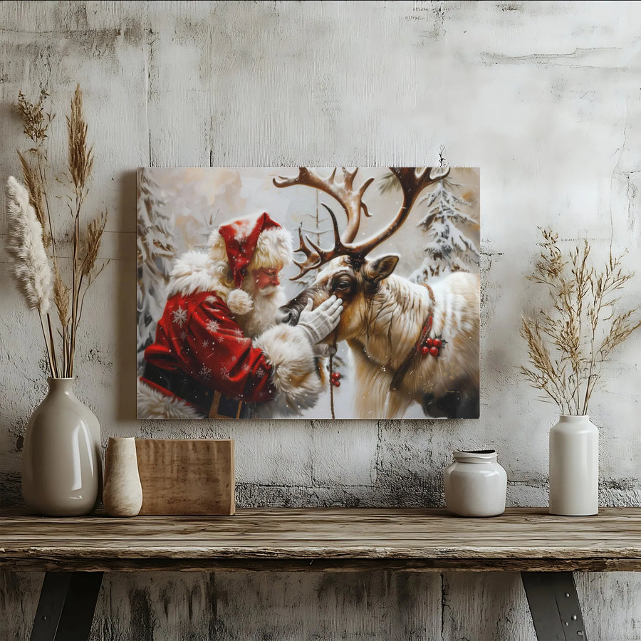 Santa Claus Petting Reindeer Canvas Art | Snowy Winter Forest Scene | Gallery Wrapped 1.25" Thick Frame | Premium Holiday Home Decor Gift