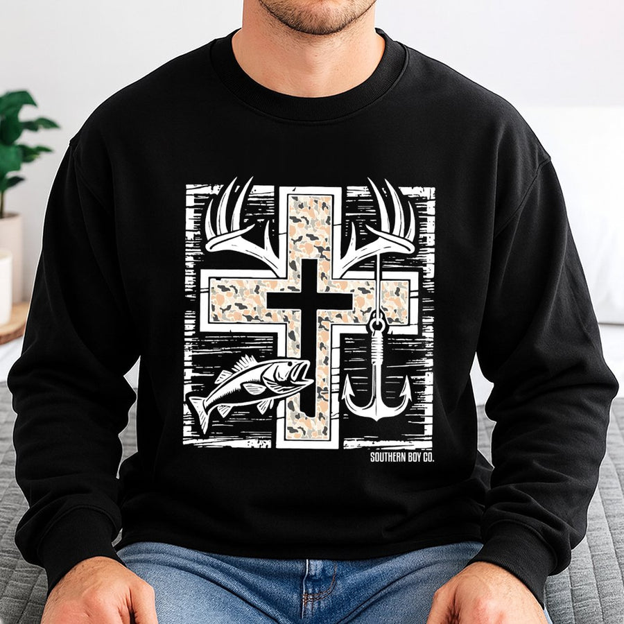 Hunting and Fishing Sweatshirt | Camo Cross Deer Antler Graphic | Premium Cotton Blend | Faith Based Outdoorsman Gift