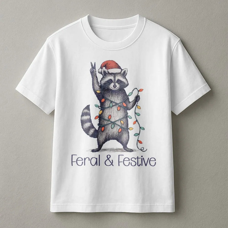 Feral and Festive Raccoon T-Shirt | Funny Christmas Animal Graphic Tee | Premium 100% Cotton Apparel | Holiday Gift for Animal Lovers