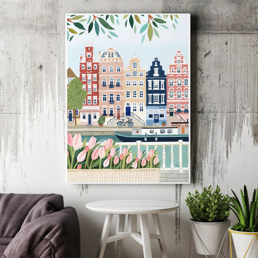 Amsterdam Canal House Canvas Wall Art | Colorful Dutch Cityscape with Tulips & Bicycle | Premium Gallery Wrap Print | Gift for Travel Lovers