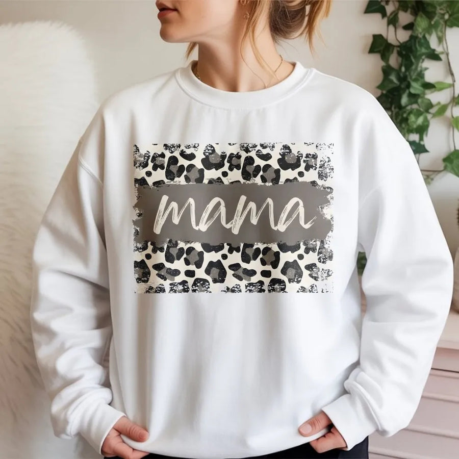 Mama Leopard Print Sweatshirt | Distressed Animal Pattern Design | Premium Cotton Polyester Blend | Cute Motherhood Gift for New Moms