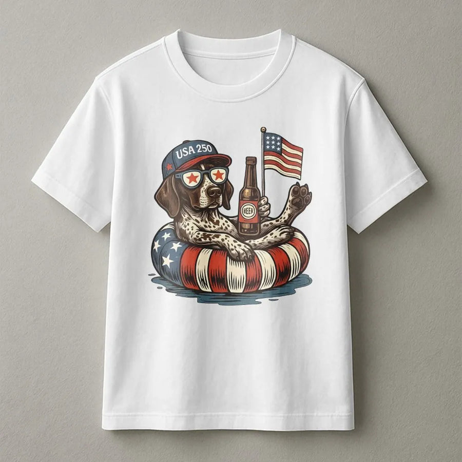 Patriotic Dog T-Shirt | Funny USA 250 Puppy Graphic with Beer & Flag | Soft Cotton Tee | 4th of July Gift for Dog Lover
