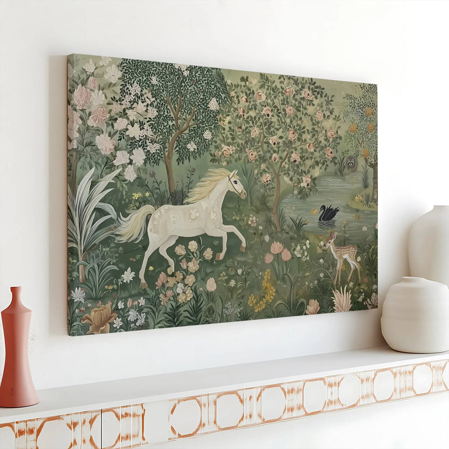 Enchanted Forest Canvas Wall Art | White Horse and Fawn Whimsical Decor | Premium Gallery Wrap Print | Nature-Inspired Home Gift for Her