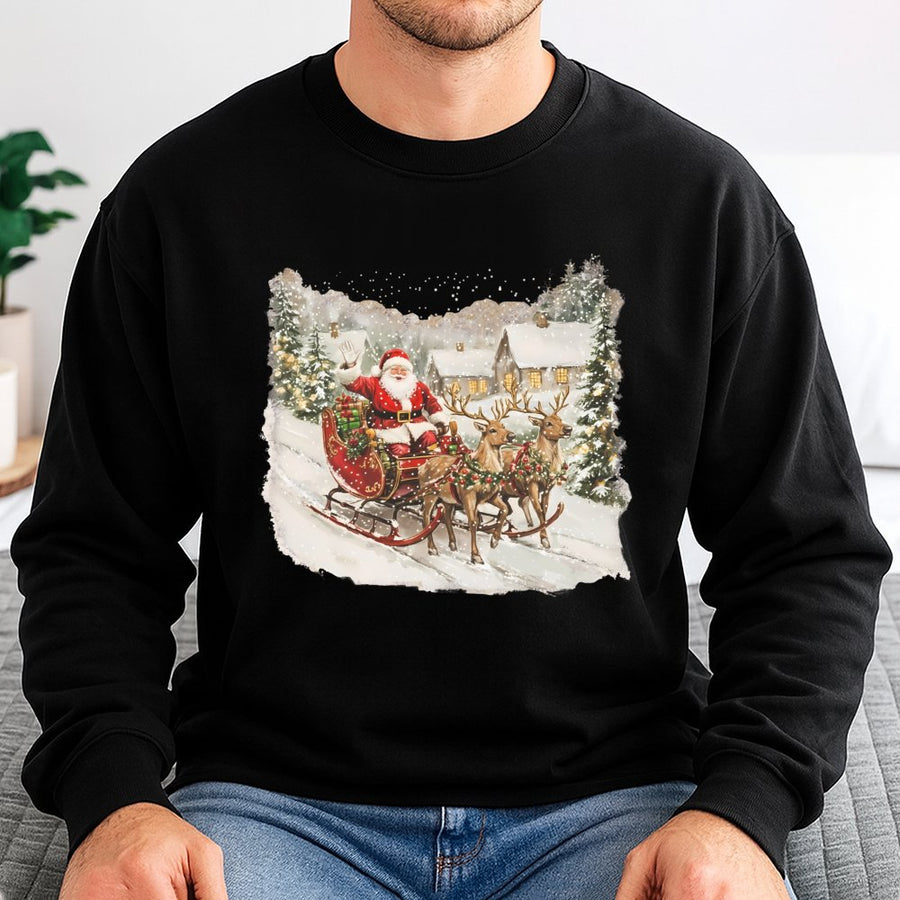Retro Santa Claus Sweatshirt | Vintage Christmas Reindeer Sleigh Graphic | Premium Cotton Blend Crewneck | Festive Holiday Gift for Women and Men