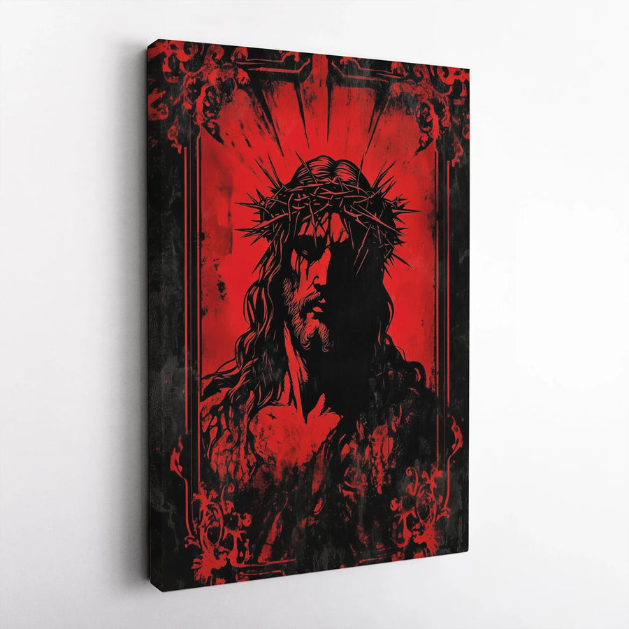 Jesus Christ Canvas Wall Art | Gothic Red and Black Portrait | Premium Gallery Wrap Print | Religious Home Decor Gift