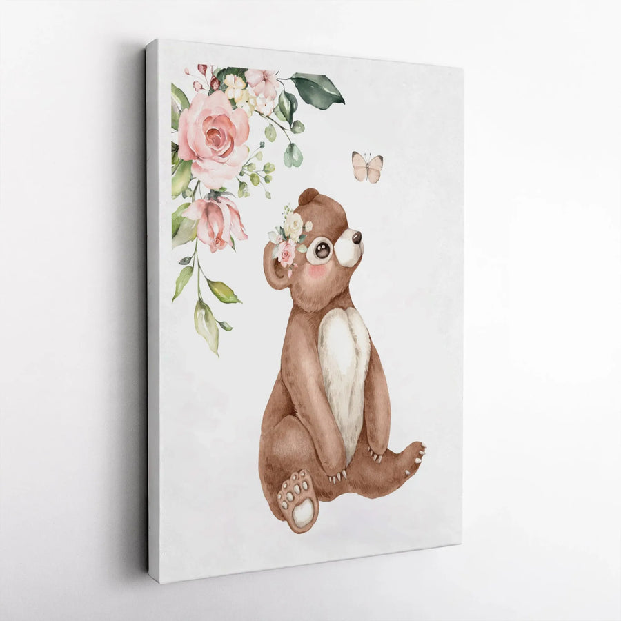 Baby Bear Wall Art | Watercolor Floral Crown & Butterfly Print | Gallery Quality 1.25” Canvas | Nursery Decor Gift