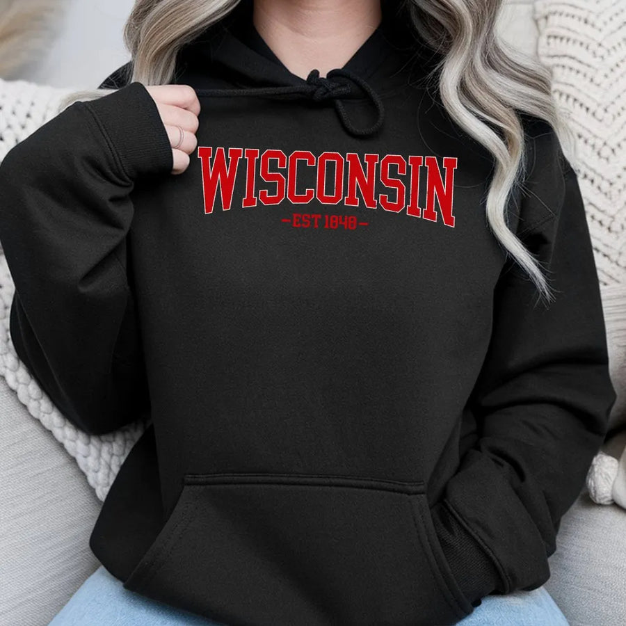 Wisconsin Hoodie | Retro Collegiate EST 1848 Graphic | Soft Cotton | State Pride Souvenir Gift for Men and Women