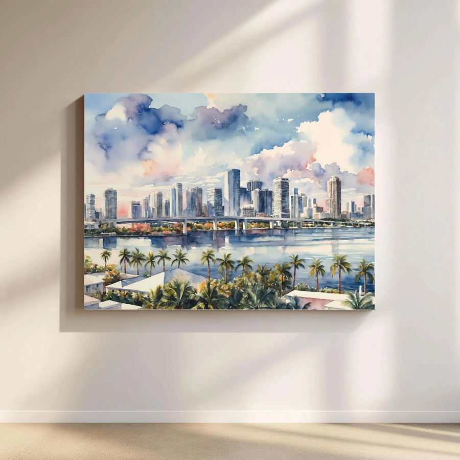 Miami Skyline Canvas Art | Watercolor Florida Cityscape with Palm Trees | Premium 1.25 Inch Gallery Wrap | Coastal Home Decor Gift