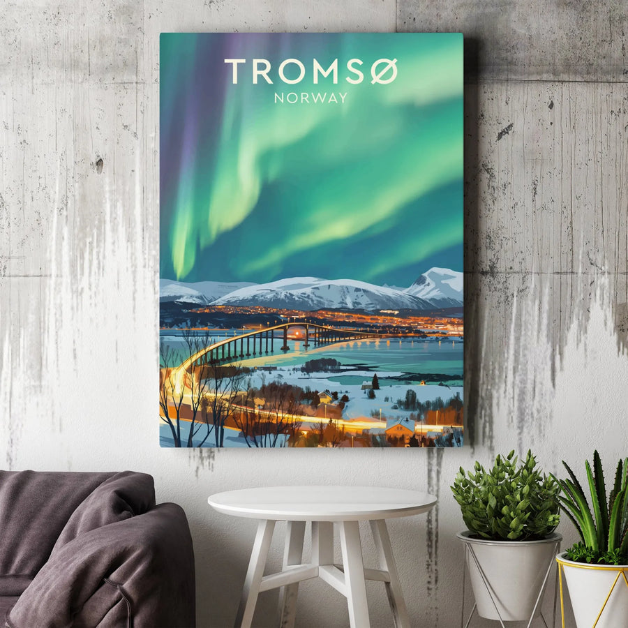 Tromsø Norway Northern Lights Canvas | Aurora Borealis Travel Poster | Premium Gallery Wrap Canvas | Scandinavian Home Decor Gift