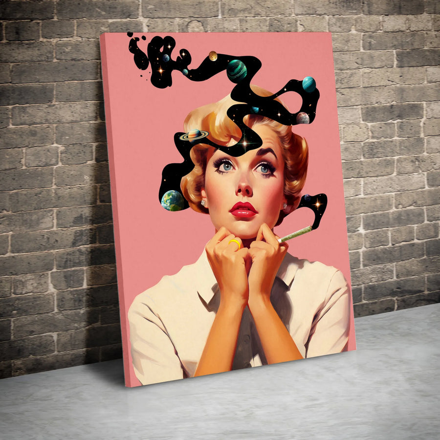 Surreal Retro Woman Canvas | Galaxy Space Hair Pop Art Print | Premium 1.25" Gallery Wrap | Unique Modern Wall Decor for Home Office