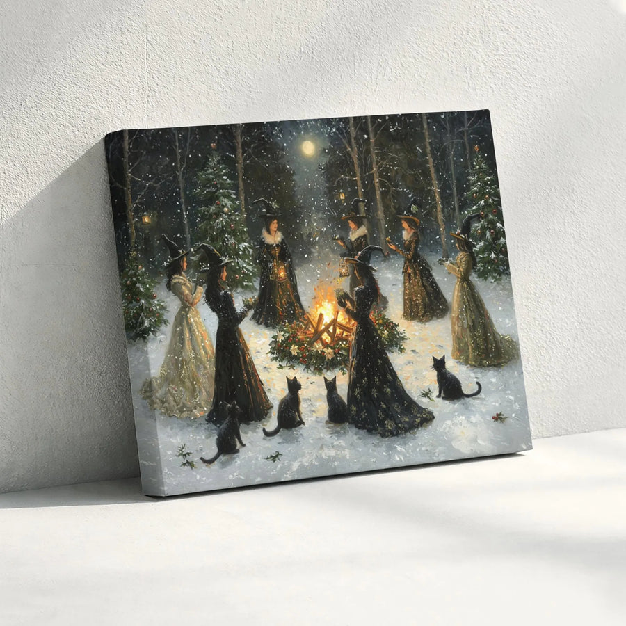Witches Coven Yule Canvas Print | Magical Snowy Forest Bonfire Wall Art | Gallery Quality Premium Decor | Gothic Witchy Christmas Gift for Home