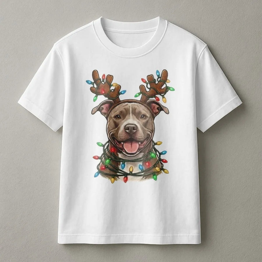 Pitbull Christmas T-Shirt | Reindeer Antlers & Holiday Lights Graphic | Premium Cotton Unisex Tee | Gift for Dog Mom & Dad Lovers