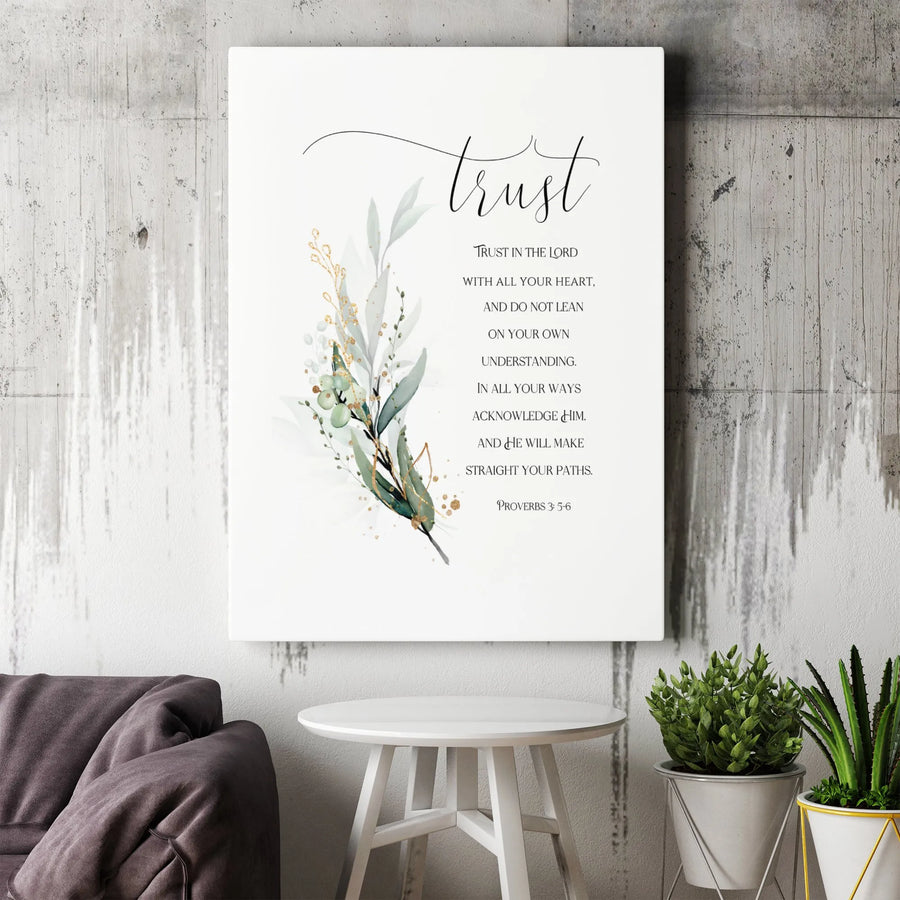 Proverbs 3:5-6 Trust In The Lord Canvas Art | Watercolor Greenery Botanical Design | 1.25" Premium Gallery Profile | Religious Home Decor Gift