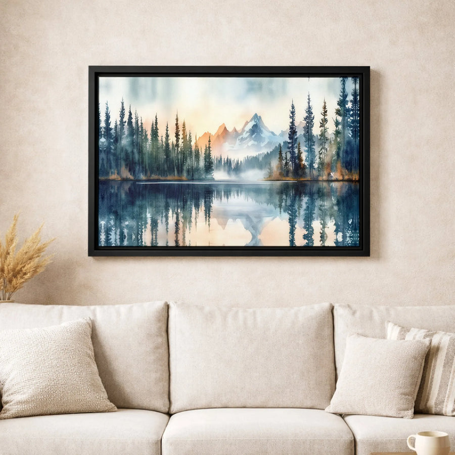 Mountain Forest Landscape Canvas Art | Watercolor Lake Reflection Wall Decor | Premium 1.25-Inch Gallery Wrap | Modern Nature Living Room Gift