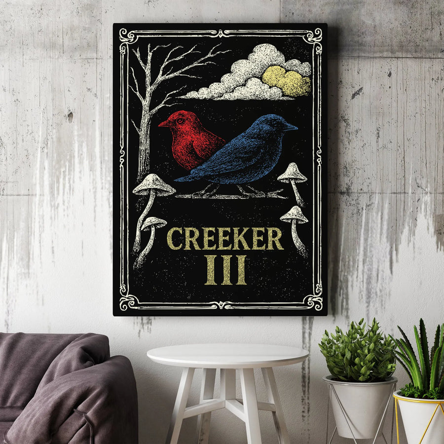Creeker III Folk Art Canvas Print | Whimsical Red and Blue Bird Illustration | Gallery-Quality 1.25-inch Profile | Nature Lover Home Decor Gift