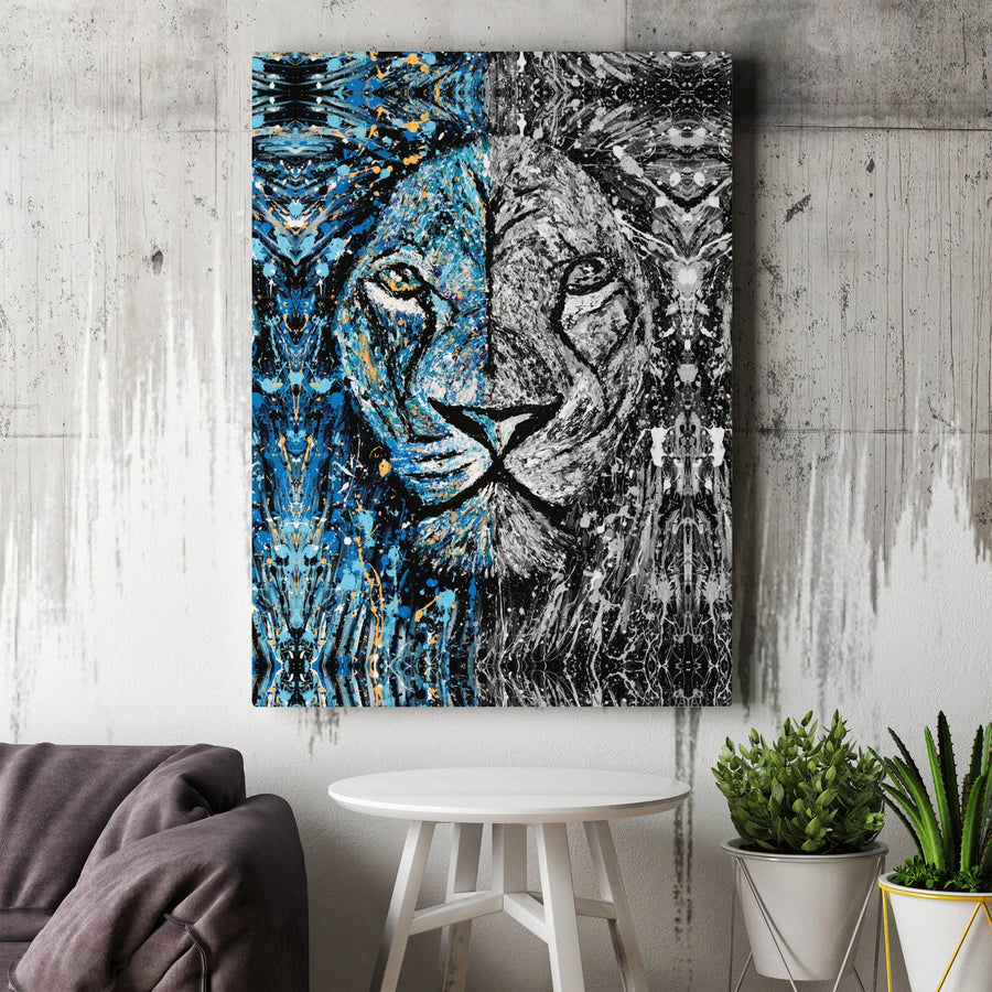 Abstract Lion Canvas Wall Art | Dual Color Splatter Paint Design | 1.25-Inch Gallery Profile | Modern Home Decor Gift