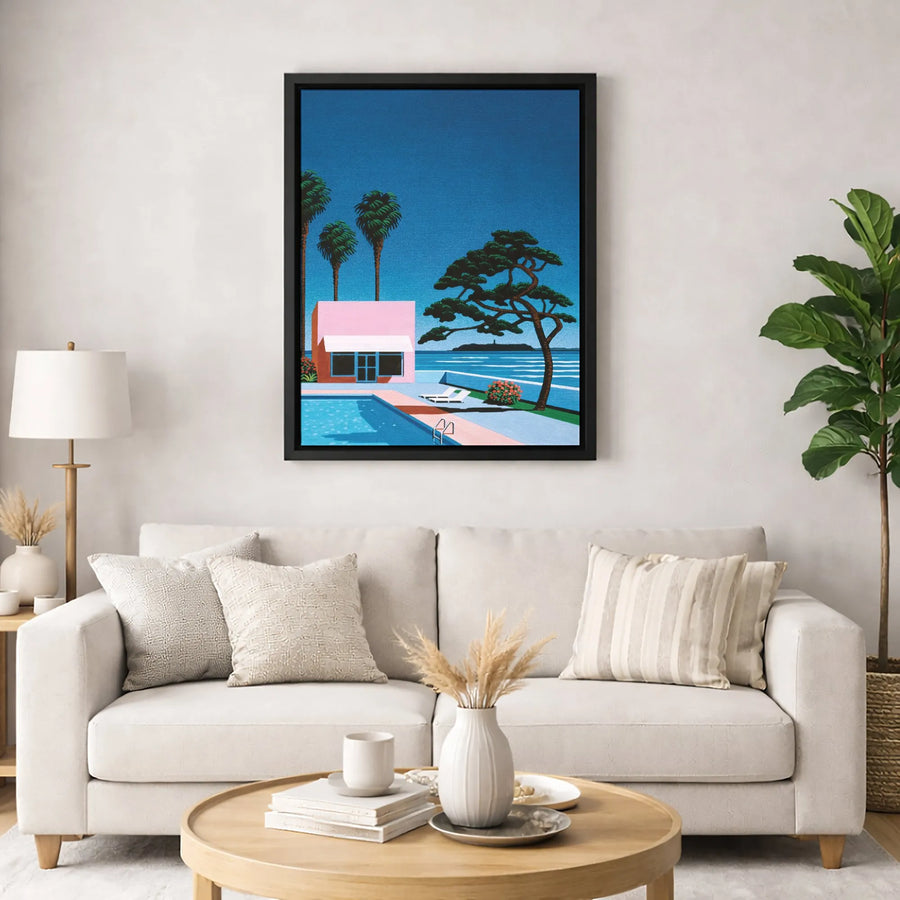 City Pop Art Canvas Print | Pink House Swimming Pool Aesthetic | Premium Gallery-Wrapped Decor | Retro Coastal Summer Wall Art Gift