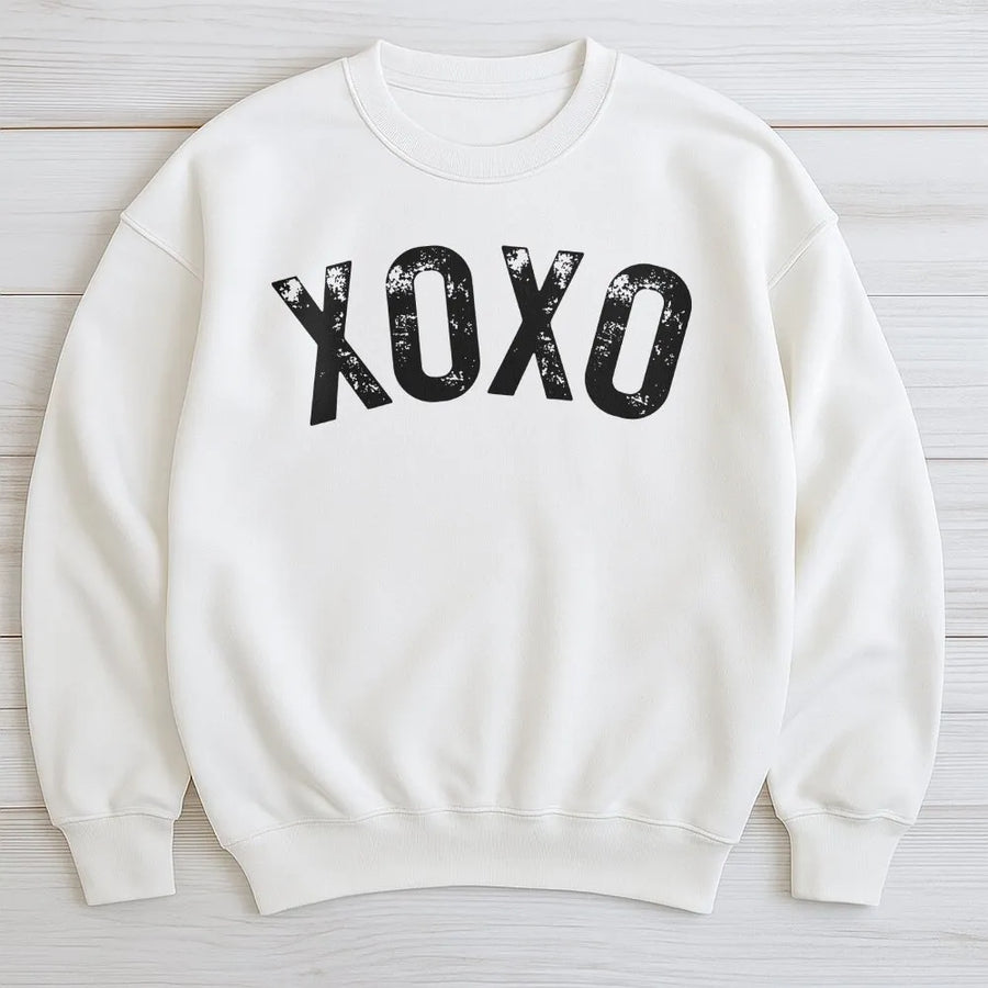 XOXO Sweatshirt | Distressed Typography Graphic | Premium Cotton Blend | Romantic Valentine's Day Gift for Her and Galentine's Party