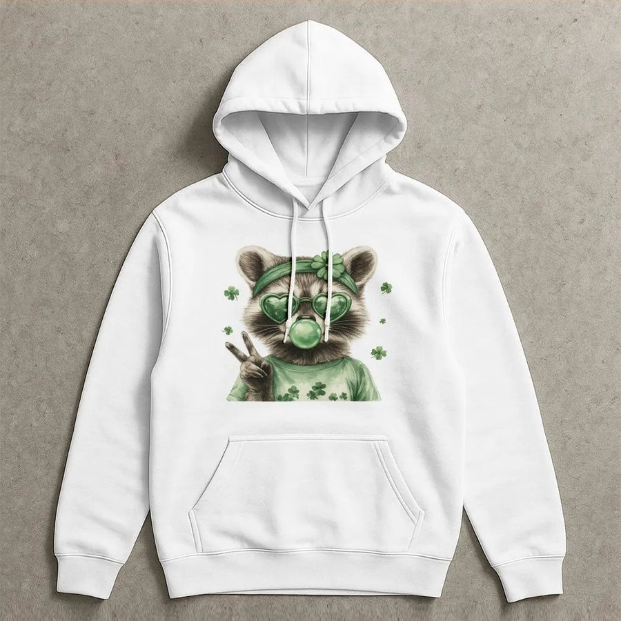 St Patrick Day Raccoon Hoodie | Cute Heart Glasses Bubble Gum Graphic | Premium Cotton Blend Sweatshirt | Fun Irish Gift for Men and Women