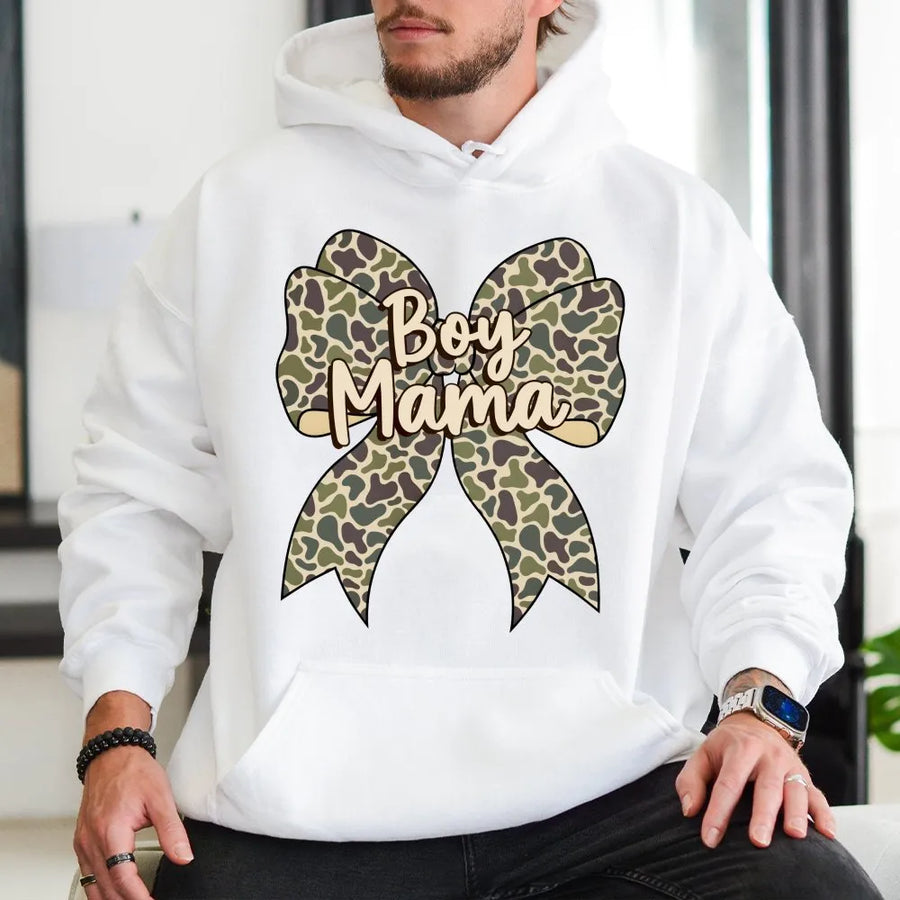Boy Mama Hoodie | Camo Coquette Bow Graphic | Premium Cotton Blend | Gift for Boy Mom New Mom Birthday Apparel