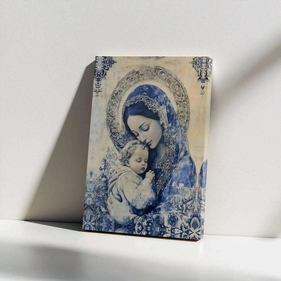 Madonna and Child Wall Art | Blue & White Vintage Style Portrait | Premium Gallery Wrap Canvas | Christian Home Decor Religious Gift