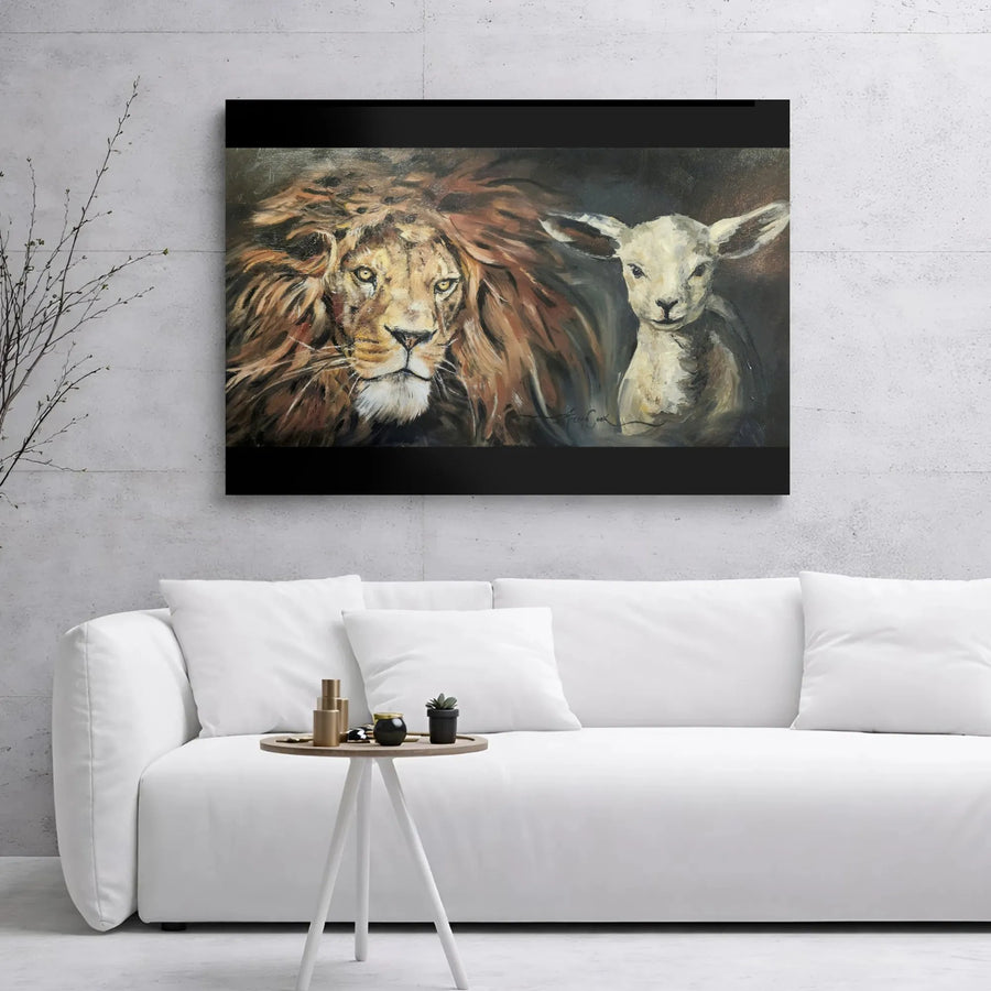 Lion and Lamb Wall Art Canvas | Inspirational Wildlife Painting | 1.25 Inch Gallery Wrap Print | Peaceful Home Decor Gift