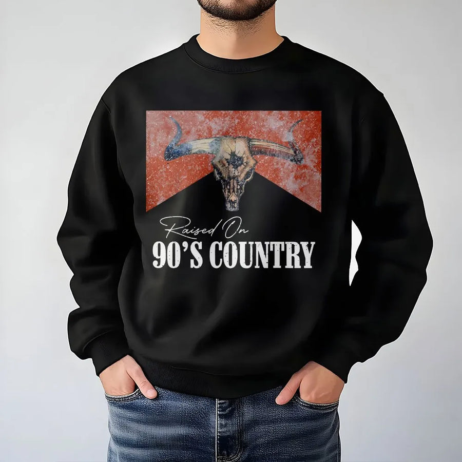 Raised On 90s Country Sweatshirt | Distressed Bull Skull Graphic | Premium Cotton Blend | Vintage Western Concert Outfit Gift for Music Lovers