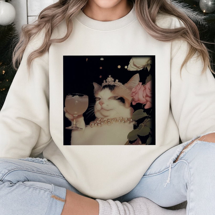 Funny Cat Sweatshirt | Regal Queen Cat Drinking Wine with Pearls | Premium Cotton Blend Crewneck | Cute Animal Meme Gift for Cat Lovers