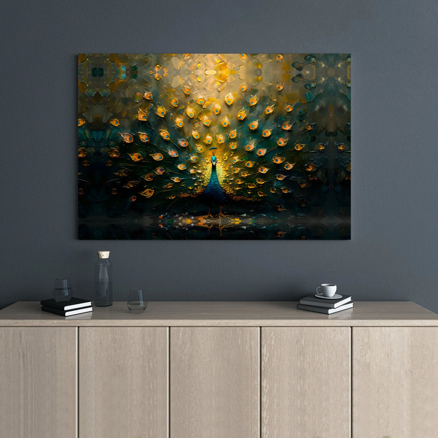 Majestic Peacock Wall Art | Golden Feathers Textured Impasto Oil Painting Print | Gallery Wrap Canvas | Premium Home Decor Gift