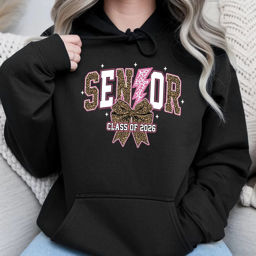 Senior 2026 Hoodie | Leopard Print Lightning Bolt & Bow Graphic | Premium Cotton Blend | Graduation Gift for High School Student