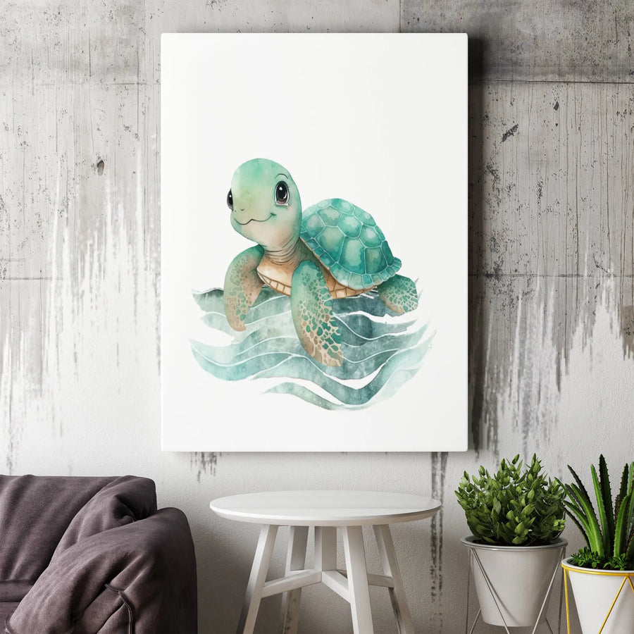 Baby Sea Turtle Wall Art | Watercolor Coastal Nursery Decor | 1.25 Inch Gallery Wrap Canvas | Premium Ocean Theme Gift for Kids