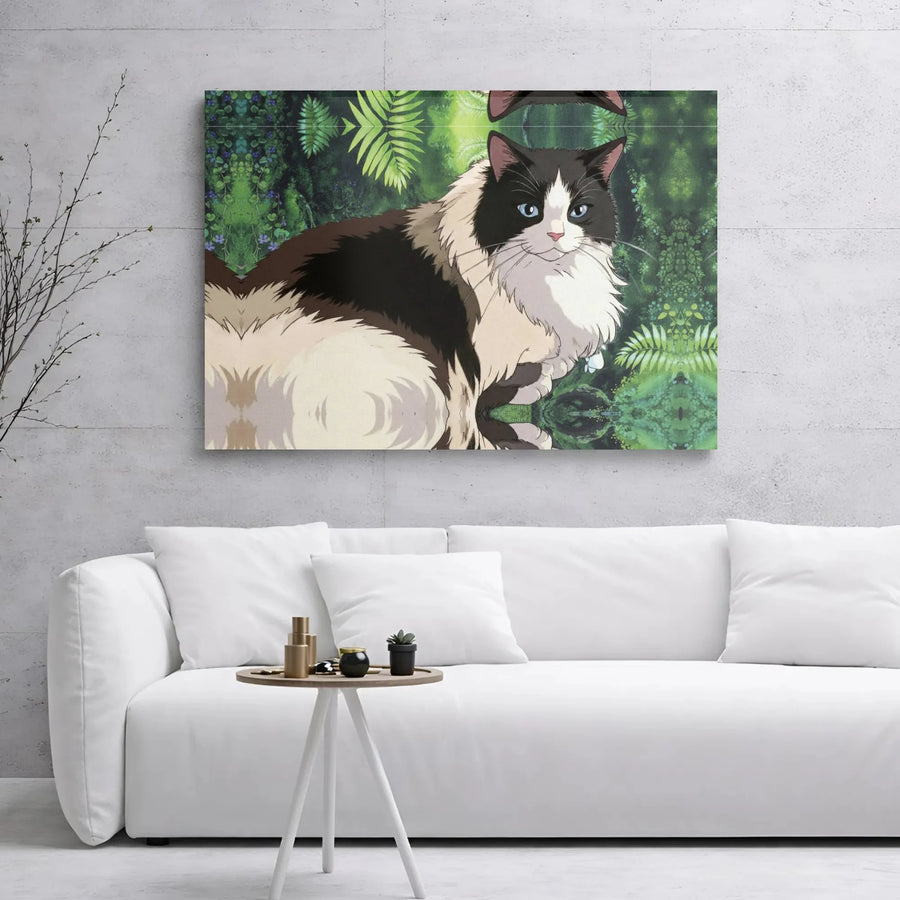 Anime Style Cat Wall Art | Fluffy Black and White Kitty in Enchanted Forest | Premium 1.25 inch Gallery Wrapped Canvas | Gift for Cat Lovers