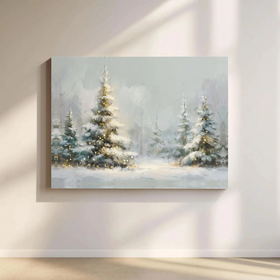 Winter Forest Canvas Wall Art | Snowy Christmas Tree Landscape Painting | Premium Gallery Wrap Print | Festive Holiday Home Decor Gift