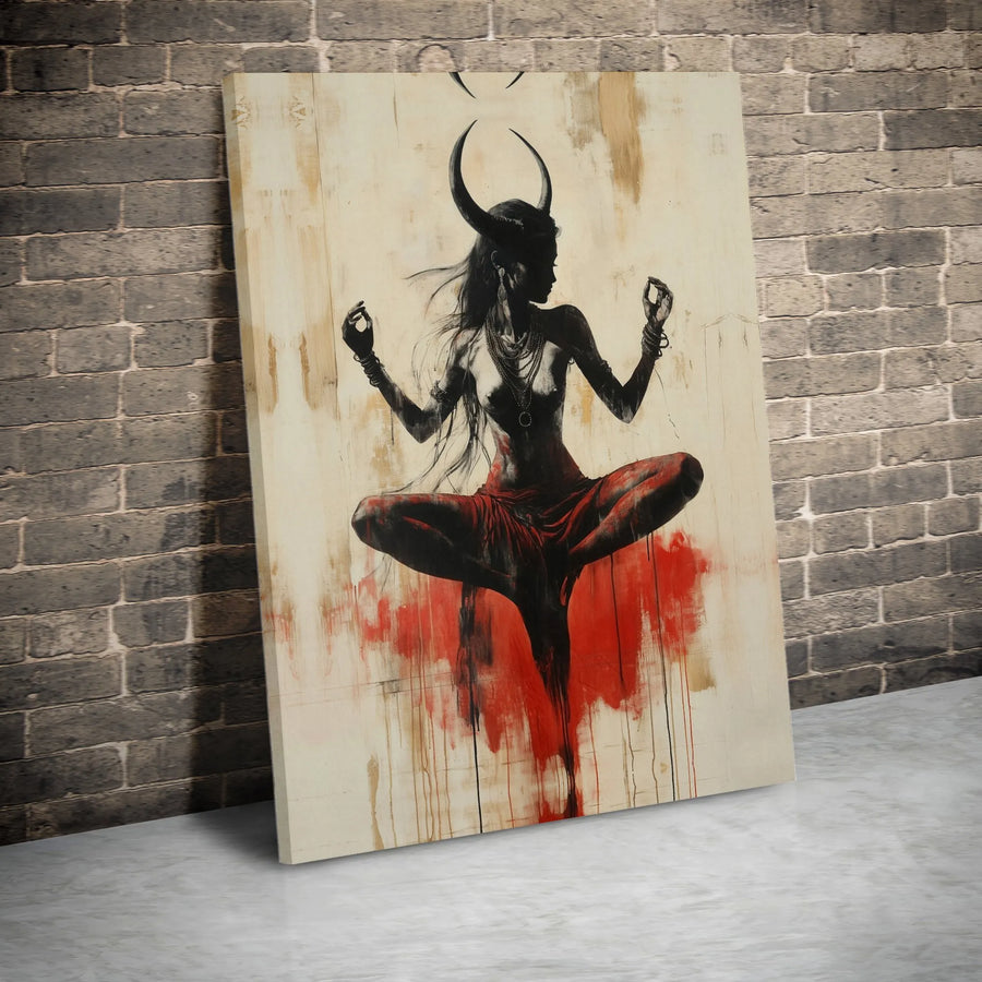 Horned Goddess Canvas Art | Abstract Meditating Demoness Silhouette | Premium Thick Gallery Wrap Canvas | Gothic Home Decor Gift