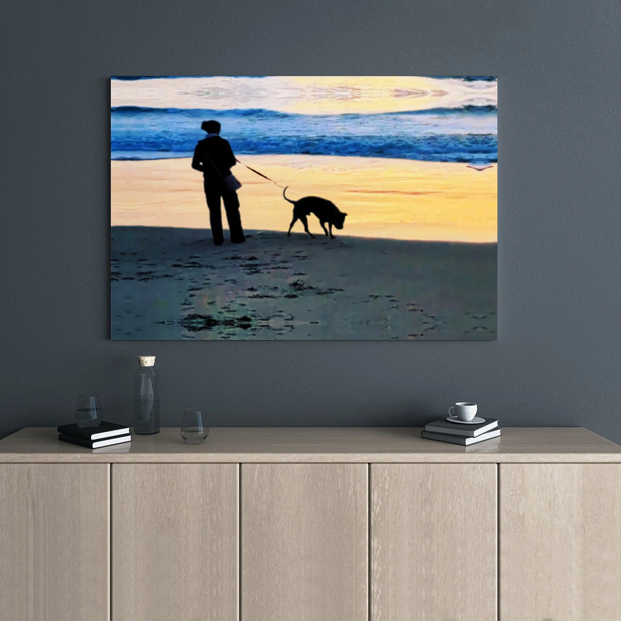Dog Walking Beach Canvas | Sunset Silhouette Wall Art | Premium Gallery Wrapped Decor | Gift for Dog Lovers
