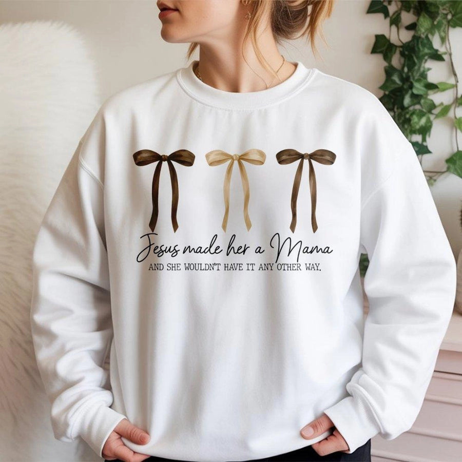 Jesus Made Her A Mama Sweatshirt | Aesthetic Bow Christian Graphic Tee | Premium Cotton Blend | Gift for Christian Mom, New Mom or Mother's Day 2026