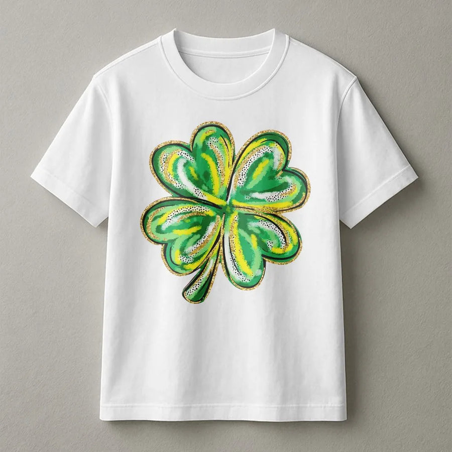 Lucky Shamrock T-Shirt | Artistic Glitter Four Leaf Clover Graphic | Premium 100% Cotton | St. Patrick's Day Gift for Men and Women