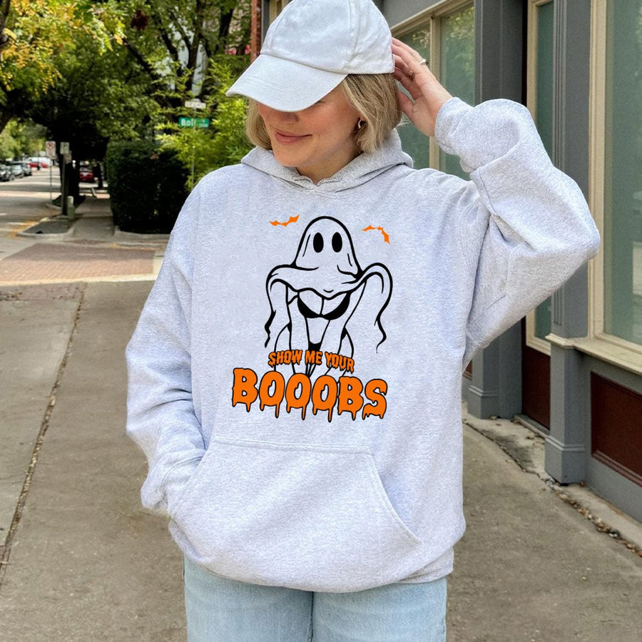 Show Me Your Booobs Halloween Hoodie | Funny Ghost Pun Graphic Pullover | Soft Cotton-Poly Blend | Unisex Gift For Halloween Party Lovers