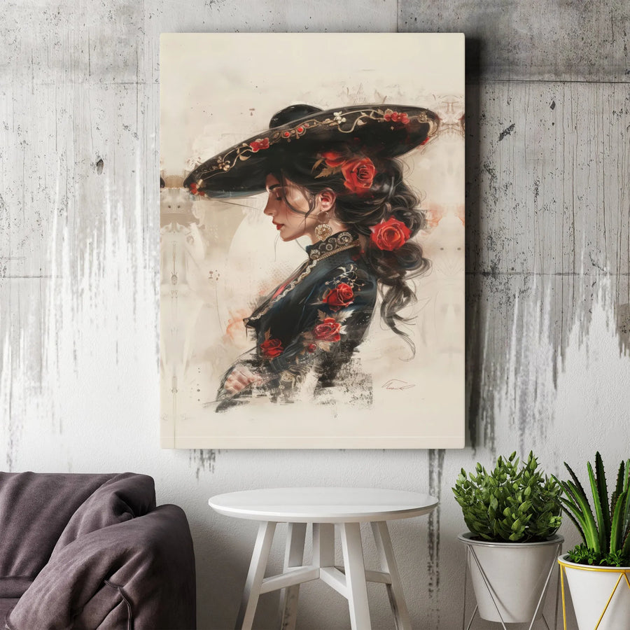 Mexican Charra Wall Art | Woman in Sombrero with Red Roses | Premium Gallery Canvas | Hispanic Heritage Home Decor Gift