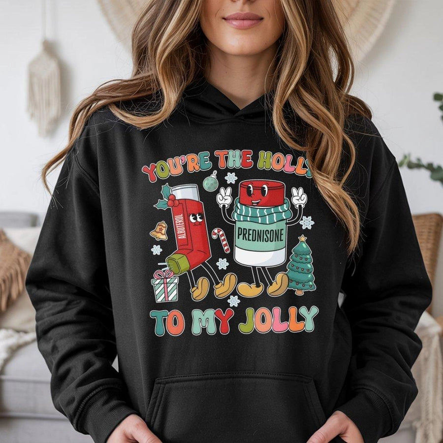Respiratory Therapist Hoodie | Funny Albuterol Prednisone Christmas Design | Soft Cotton-Blend Pullover | Perfect Medical Professional Holiday Gift