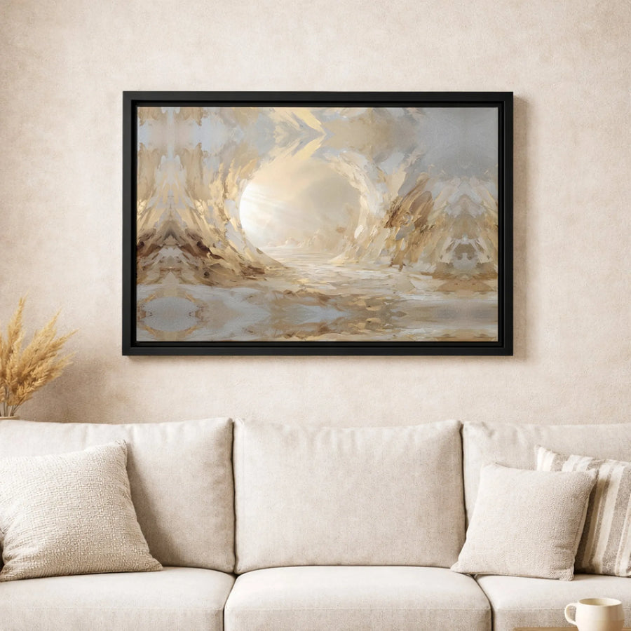 Abstract Sunlit Cave Canvas Wall Art | Golden Light Earth Tone Landscape | Premium 1.25-Inch Gallery Wrap | Modern Home Decor Gift