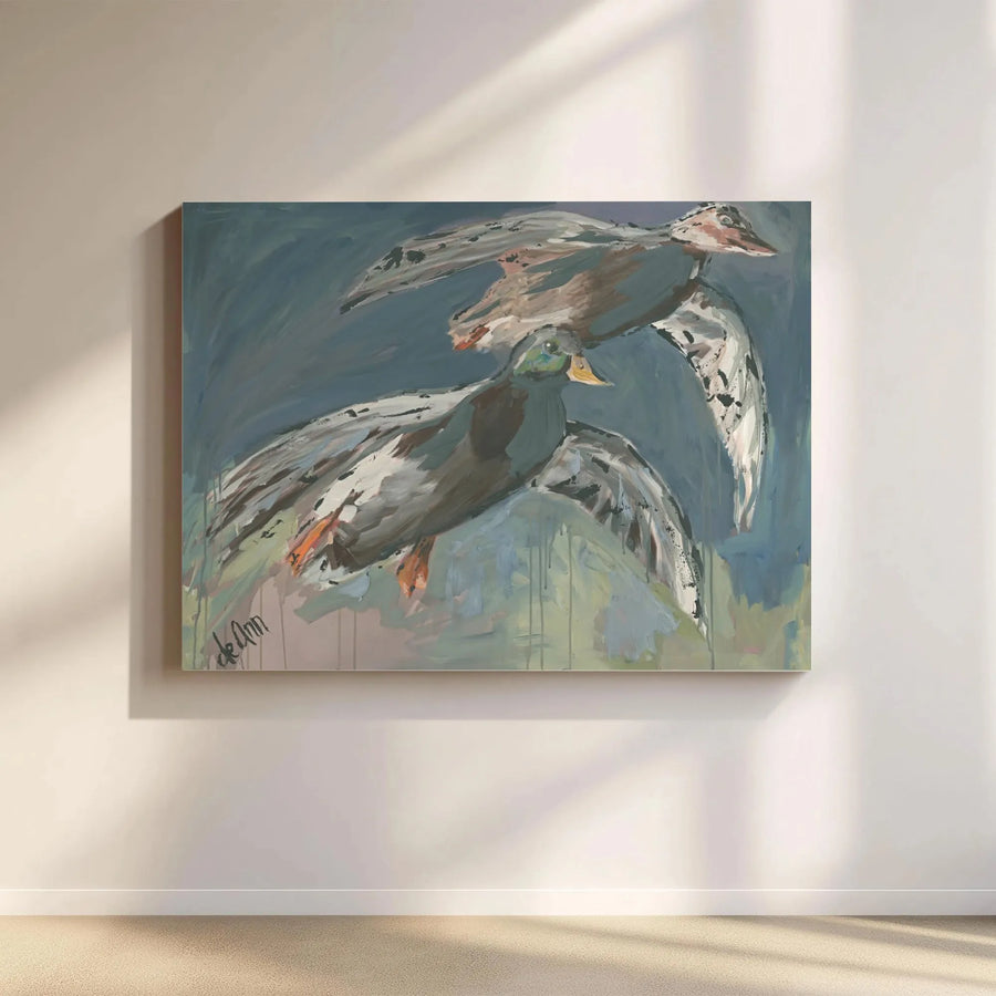 Flying Ducks Canvas Wall Art | Modern Impressionist Mallard Painting | Premium 1.25" Thick Gallery Canvas | Gift for Hunter, Rustic Cabin Decor
