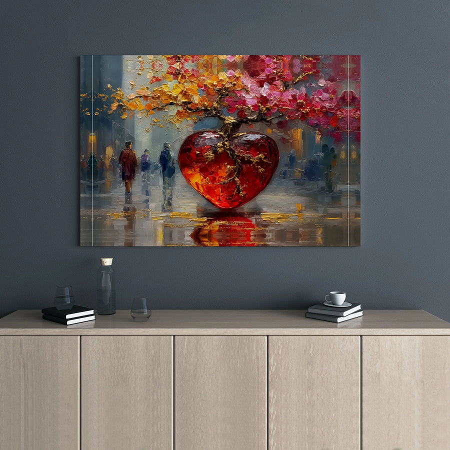 Red Heart Blossom Tree Canvas Art | Impressionist City Street Painting | 1.25 Inch Gallery Wrap | Romantic Wall Decor for Living Room