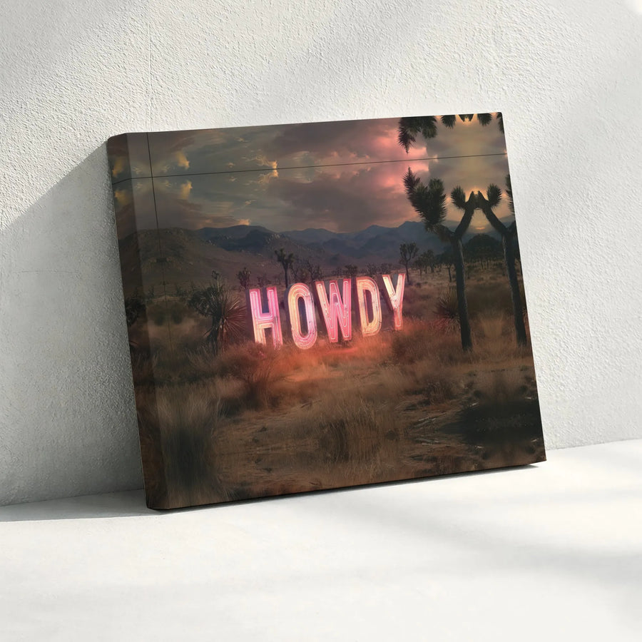 Howdy Neon Sign Canvas Wall Art | Joshua Tree Desert Landscape Print | Premium Matte Canvas with 1.25" Thick Profile | Unique Southwestern Home Decor Gift