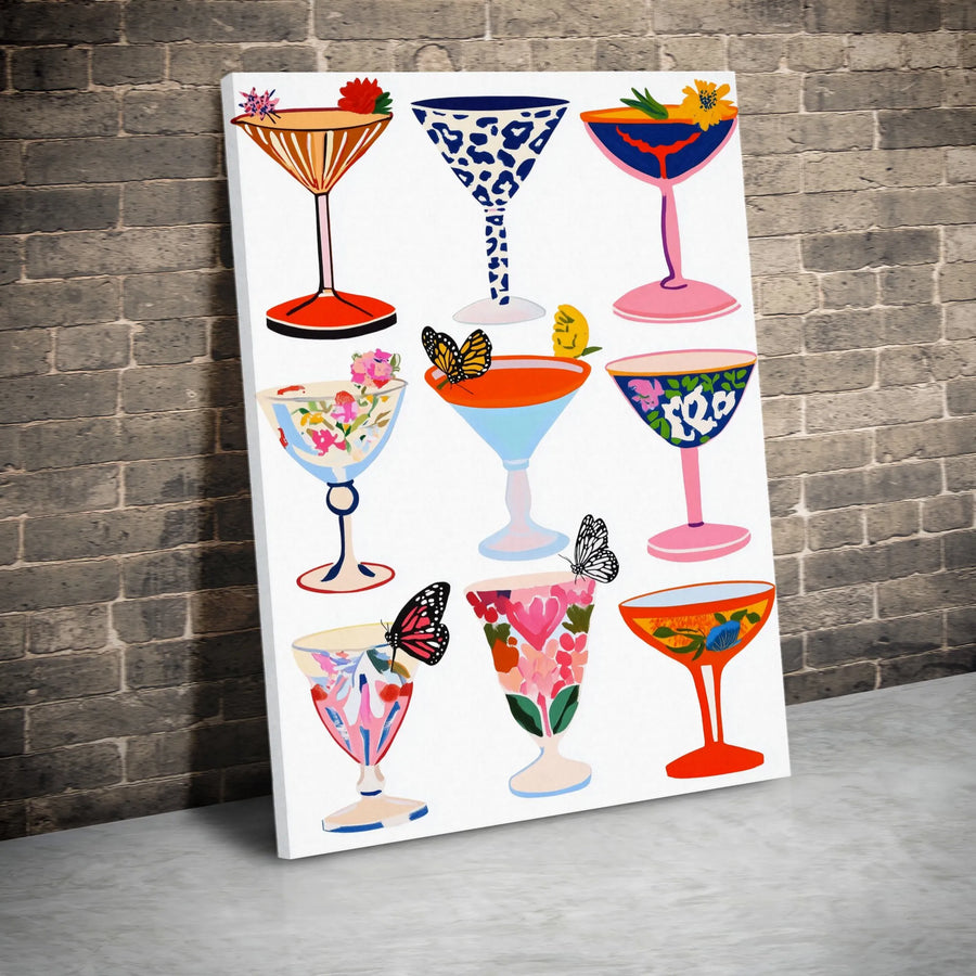 Colorful Cocktail Canvas Wall Art | Pop Art Drink Collection with Butterflies | Premium Gallery Print | Kitchen & Bar Cart Decor Gift