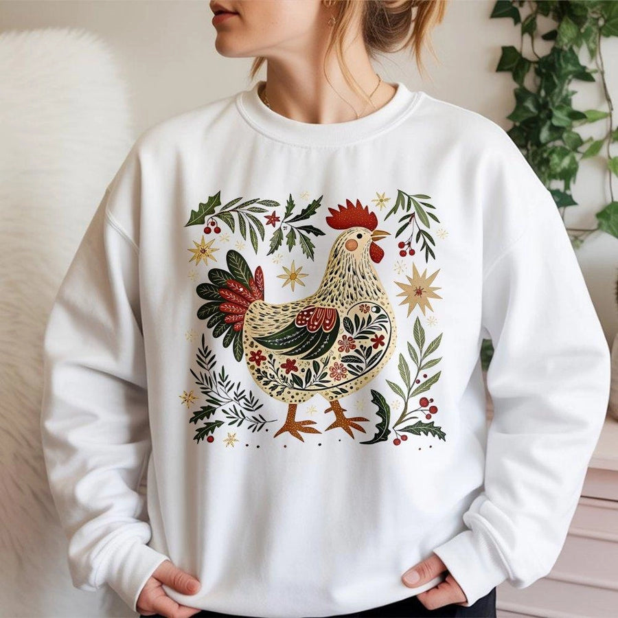 Christmas Chicken Sweatshirt | Folk Art Rooster Graphic Design | Premium Cotton Blend | Cozy Holiday Gift for Chicken Farmers and Animal Lovers