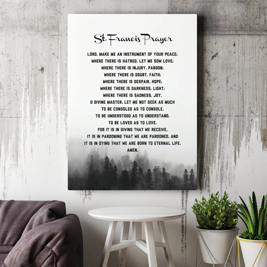 St. Francis Prayer Wall Art | Misty Forest Landscape Canvas Print | Premium Fade-Resistant Gallery Wrap | Religious Home Decor Gift