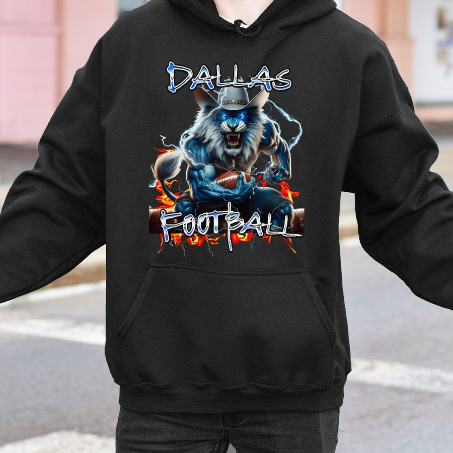 Dallas Football With Muscular Blue Lion Mascot In Cowboy Hat Holding A Football With Lightning Hoodie