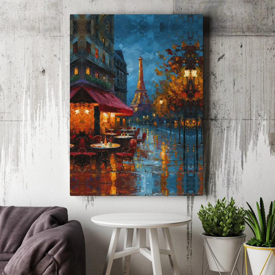 Paris Street Cafe Canvas Art | Rainy Impressionist Eiffel Tower Painting | Gallery-Quality 1.25" Thick Print | Elegant Home Office Decor Gift